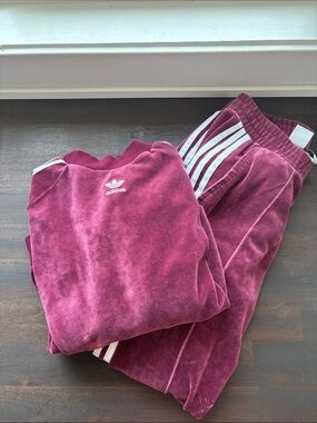 adidas velour matching jogger suit- Burgundy with White Stripes